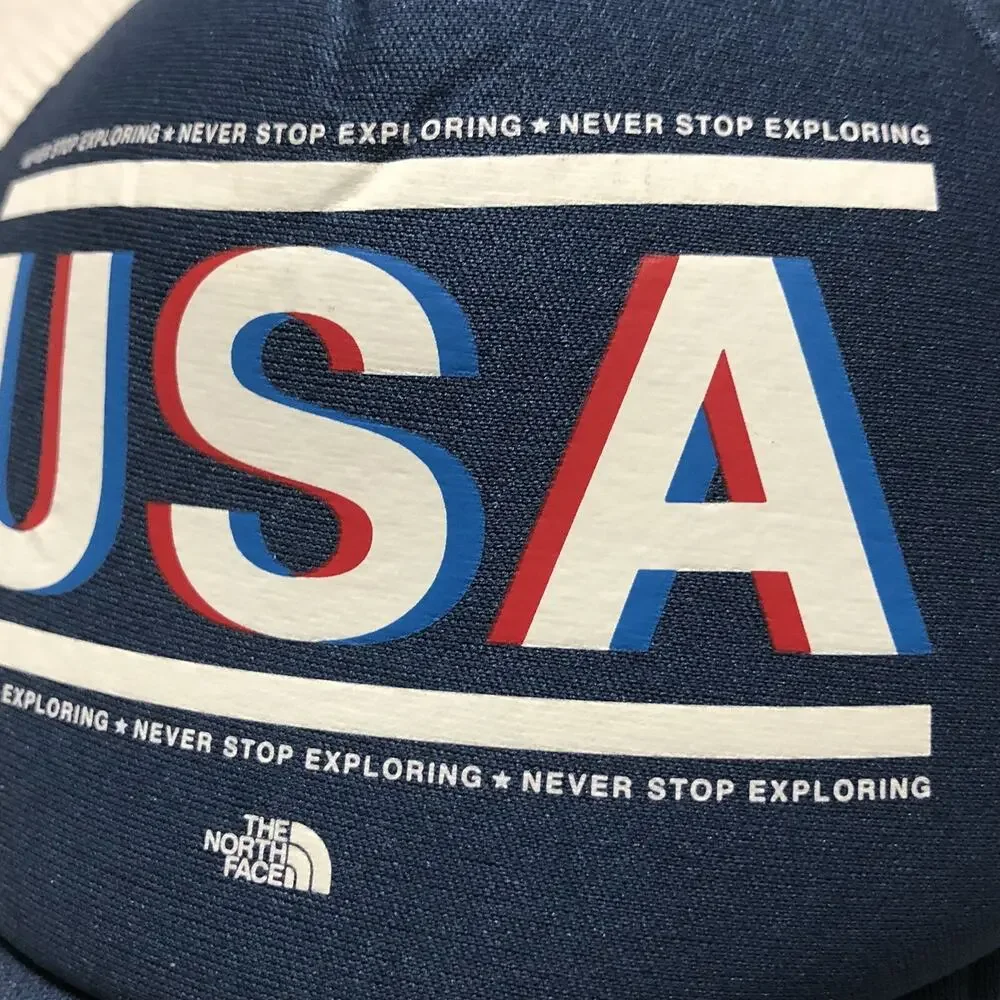 USA Trucker Hat The North Face Snap Strap Cap Mesh Blue Screen Printed Patriotic